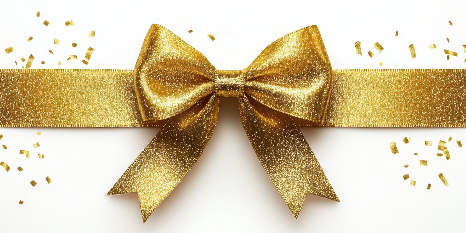 Beautiful golden gift bow with confetti on a light background for festive celebrations and special occasions
